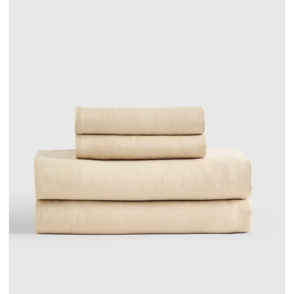 Quince European Linen Sheet Set Full Size Oat Beige 4 Piece w/ Flat Sheet